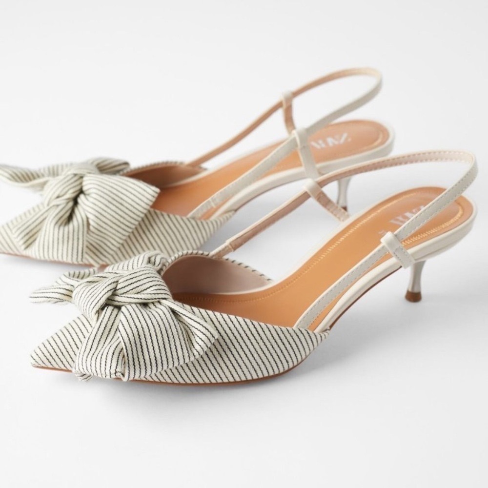 Zara Striped Bow Pointed Toe Slingback Kitten Heels Cream Black Size 38
